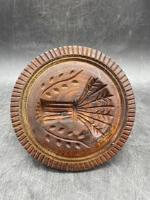 Antique Primitive Butter Print Carved Wheat Sheaf Design Knob Shaped Handle