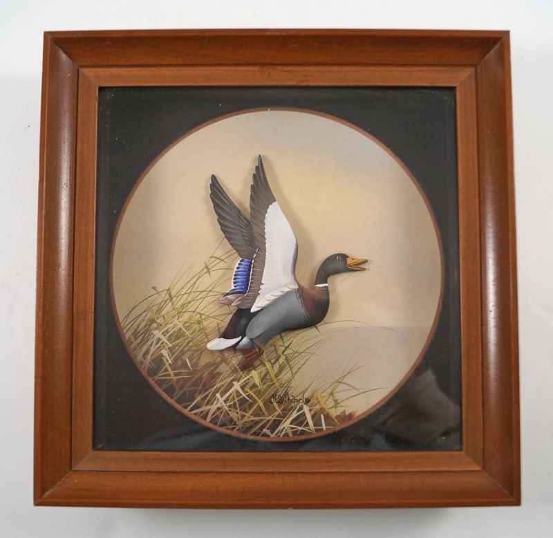 Mallard Drake Duck Diorama by J.Q. Whipple #3: Title: Mallard Drake Duck Diorama by J.Q. Whipple #3 Dimension: 7 7/8” tall x 7 ¾” wide x 1 ¾” thick Date: CA. 1950’s-60’s. Additional Information: Diorama of a