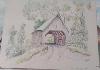 Vermont Covered Bridge Sketch 1965 flint bridge Tunbridge Vermont