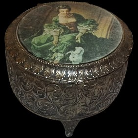 Vintage Japan Ornate Brass Metal Music Box with Fabric Victorian Lady Top