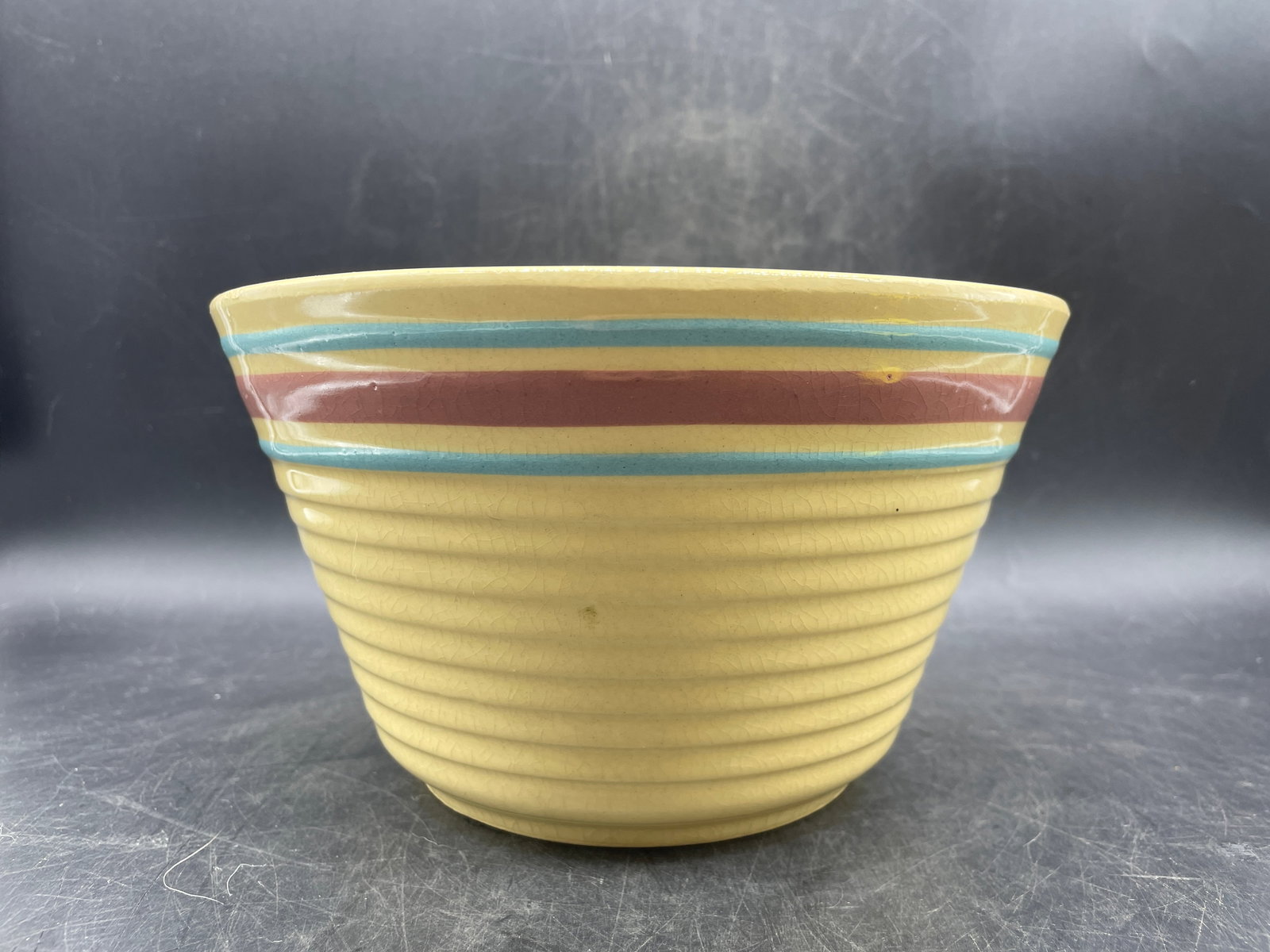 Vintage Watt Pottery Mixing Bowl Yellow Pink Blue Stripe Bands (1 of 8)