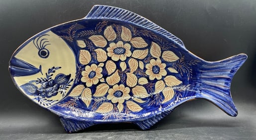 VTG Handpainted White & Blue Fish Platter Portugal Signed