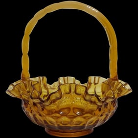 Vintage Colonial Thumbprint Fenton 8??Amber Glass Basket 1960s Ruffled Edge