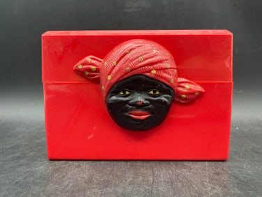 VINTAGE F&F RED PLASTIC BLACK AMERICANA MAMMY RECIPE BOX