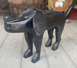 Wooden Folk Art Black Dog sculpture by Maine Artist George Hardy 1917-2003