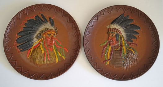 Pair of Native American Indian Cast Iron Plaques