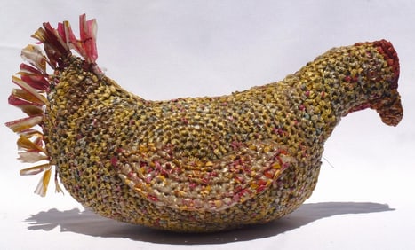 A Vintage Folky Chicken crocheted from plastic bags
