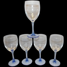 Vintage Set of 5 Blue Stem Wine Glasses