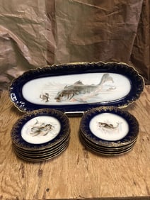 12pc Limoges Porcelain Cobalt Fish Set