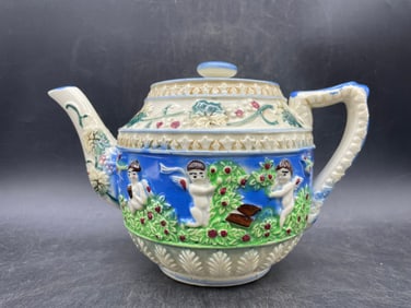 Vintage Majolica Teapot Raised Relief Blue Floral Cherub Signed Japan