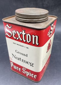 Large Vintage 1950s JOHN SEXTON GRAPHIC TIN LITHO SPICE TIN NUTMEG CHICAGO USA