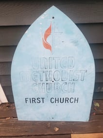 Methodist Church sign arched blue faded vintage 1950