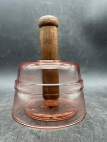 Antique Pink Depression Glass COW STAMP Butter Mold Press Wood Handle