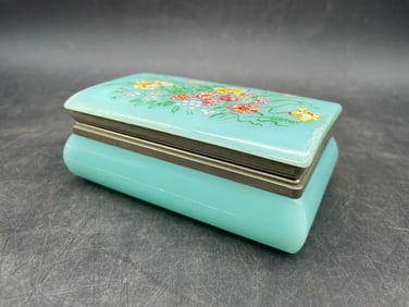 Vintage Mid Century Vanity Box Plastic Hong Kong Hinged Brass Painted Flowers