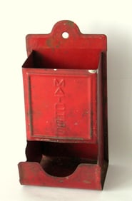 Antique tin match safe in old red paint.