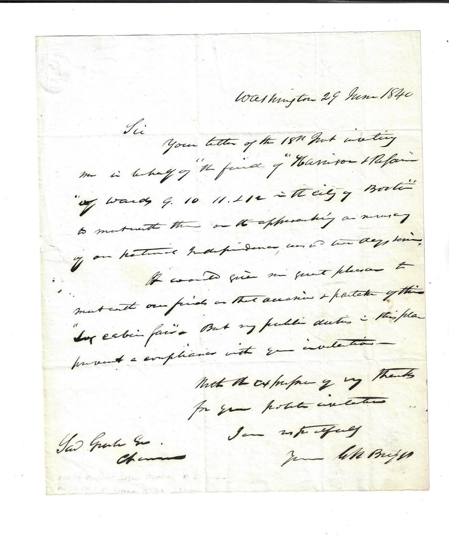 1840 Whig Letter W H Harrison Log Cabin Fair: A one page letter of George Nixon Briggs (1796-1861) declining an invitation to a Whig party event of Harrison and Reform campaign referring to it as a "log cabin fair". Signed. Briggs served as Gover