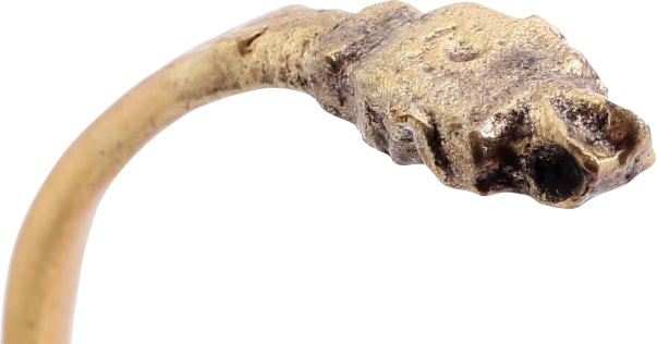 VIKING SERPENT BRACELET, 8TH-10TH CENTURY AD: Gilt bronze, C form with well sculpted snake or sea serpent head and tapered tail. Over 2 5/8” (2.68”) inner dimension for an average arm. Surface lightly texture from burial. Professional