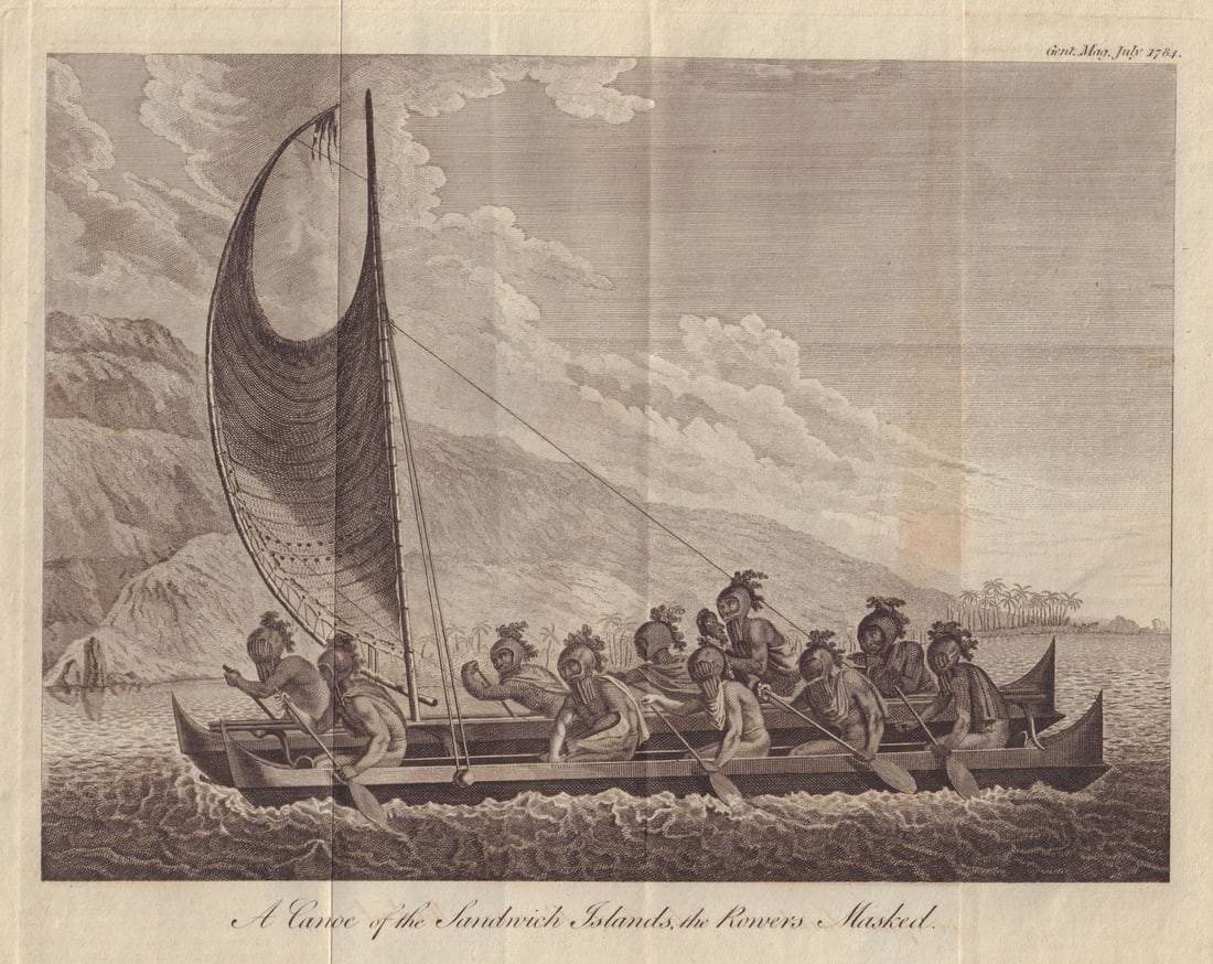 A Canoe of the Sandwich Islands, the Rowers Masked. Hawaiian drua catamaran 1784 (1 of 1)