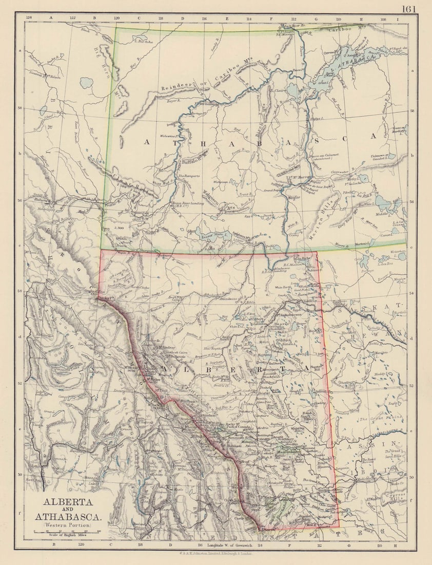 ATHABASCA & ALBERTA Province map w/ Canadian Pacific Railroad. JOHNSTON 1901 (1 of 1)