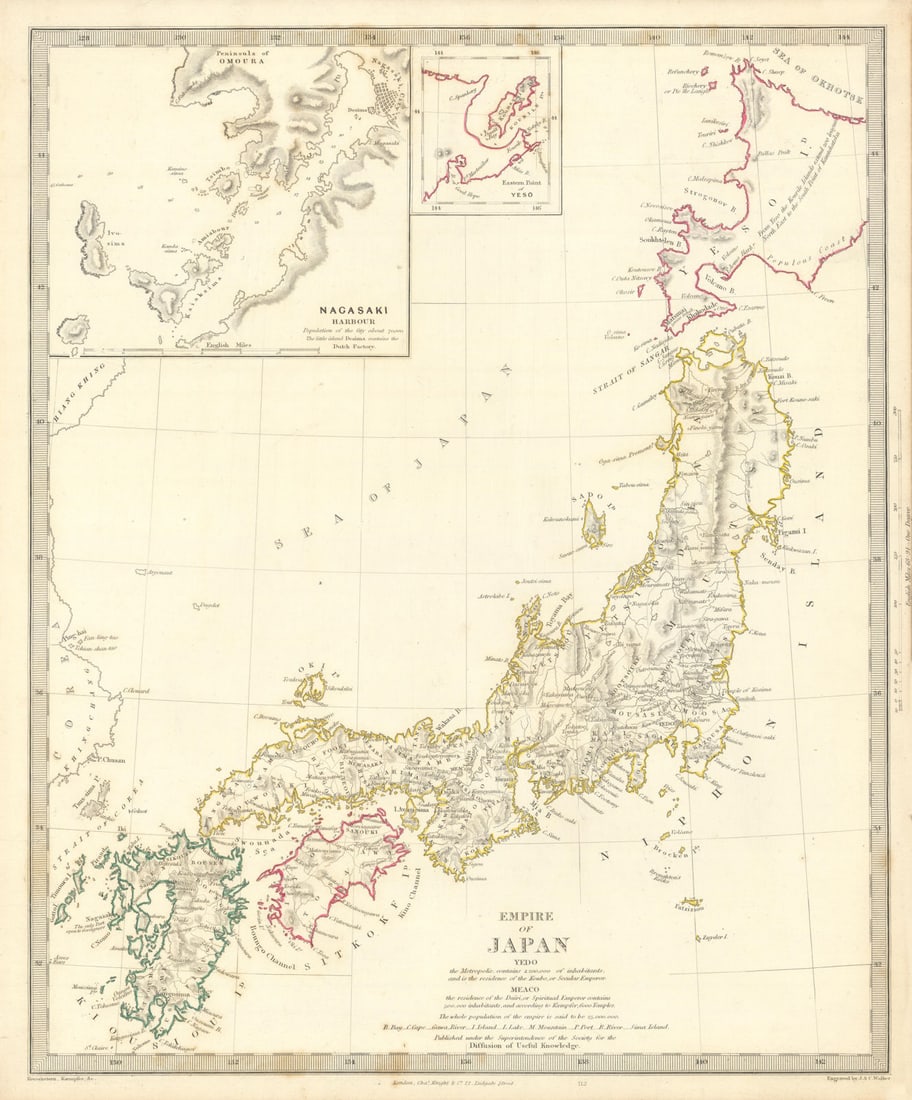EMPIRE OF JAPAN Nagasaki Harbour Yeso Niphon Nippon SDUK 1844 old antique map: CAPTION PRINTED BELOW PICTURE: 'EMPIRE OF JAPAN.; inset Nagasaki harbour; Eastern part of Yeso' DATE PRINTED: This map was originally published by Baldwin & Cradock in 1835; this date is printed on th