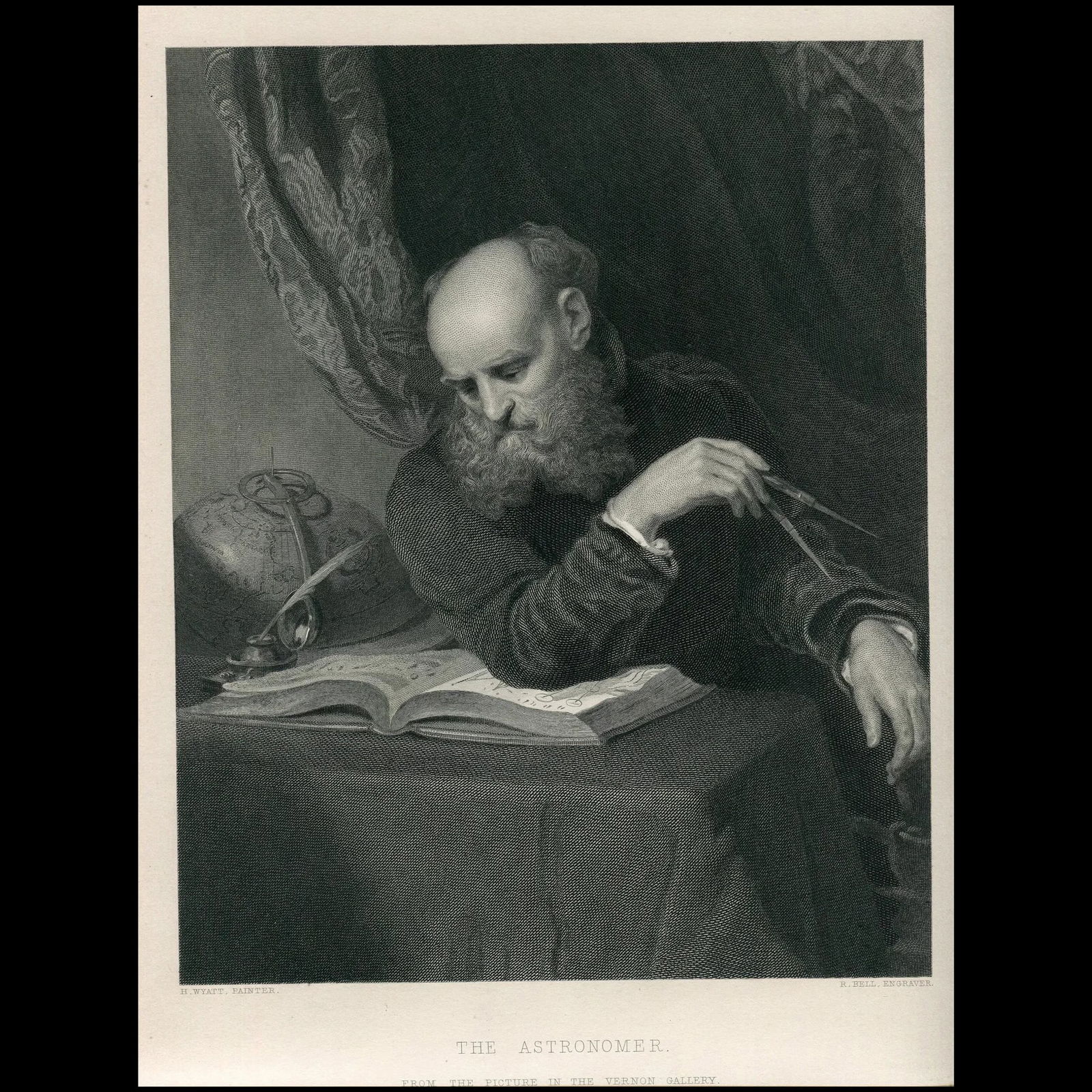 The Astronomer - Antique steel engraving old print - After H Wyatt: Title: the Astronomer. Artist: after Henry Wyatt (British, 1794 – 1840) Engraver: Robert Charles Bell (Scottish, 1806 – 1872). Description: antique steel engraving showing a bearded man wi
