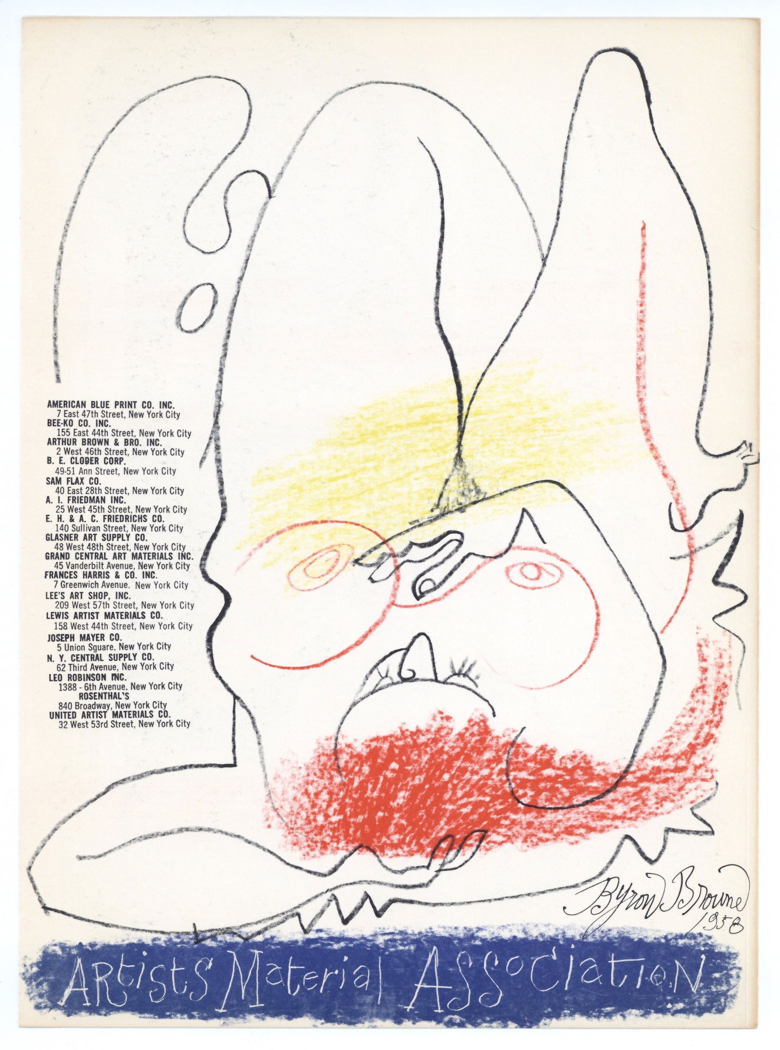 Byron Browne original lithograph: Medium: original lithograph. This lithograph was printed for the inside back cover of the 1958 "Improvisations" portfolio, published by the Artists Equity Association of New York on the occasion of th