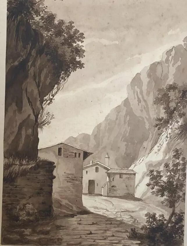 Antique Original Drawing 19th century Mountain Village Landscape (1 of 8)