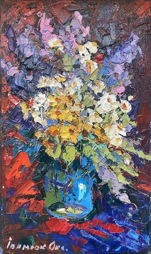 Oil painting Field flowers Oksana Kalenyuk: Kalen 1243The oil painting titled "Field Flowers" is a vivid and energetic still life that captures the wild and untamed beauty of flowers from the countryside. The painting is a riot of color, with a