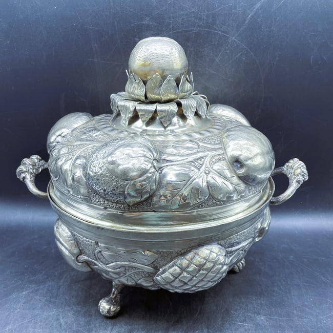 Antique Spanish Colonial Silver Coquera CocaYerba Box Tureen Repousse (1 of 1)