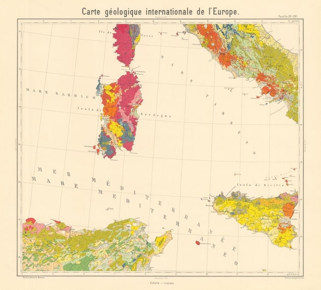Geological map Corsica Sardinia Sicily Tunisia. Central Italy BEYSCHLAG 1896 (1 of 1)