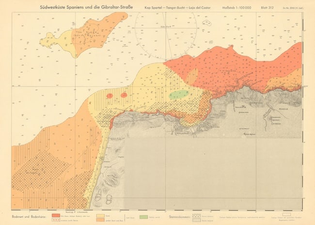 North Morocco Coast. Cap Spartel Tangiers KRIEGSMARINE Nazi map 1943 old: TITLE OF PRINT (NOT PRINTED ON THE PAGE):Blatt 312. Bodenart und Bodenharte. Steinvorkommen. Sudkuste Spaniens und die Guibraltar-Strabe. Kap Spartel - Tanger-Bucht - Laja del Castor [Sheet 312. Soil 