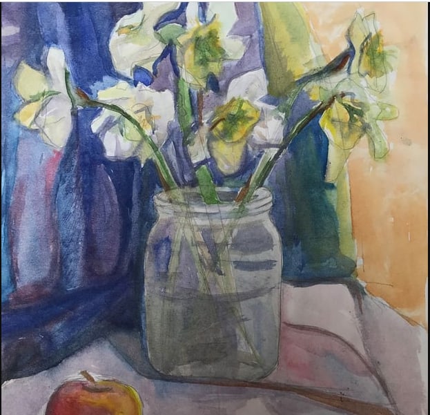 Watercolor painting Flowers on the table Unknown artist: DescriptionAAA2336This beautiful painting, entitled "Flowers on the table", features a lovely bouquet of daffodils in a glass jar, with an apple as a finishing touch. The artist has captured the delic