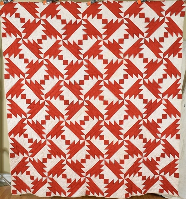 1880's Red & White Ships at Sea Quilt: Title: 1880's Red & White Ships at Sea QuiltDate: 1880'sOrigin: OhioMaterial: CottonDimension [INCHES]: 72" X 80"Provenance: Cotton 1880's red and white "ships at sea" quilt is all hand pieced and han