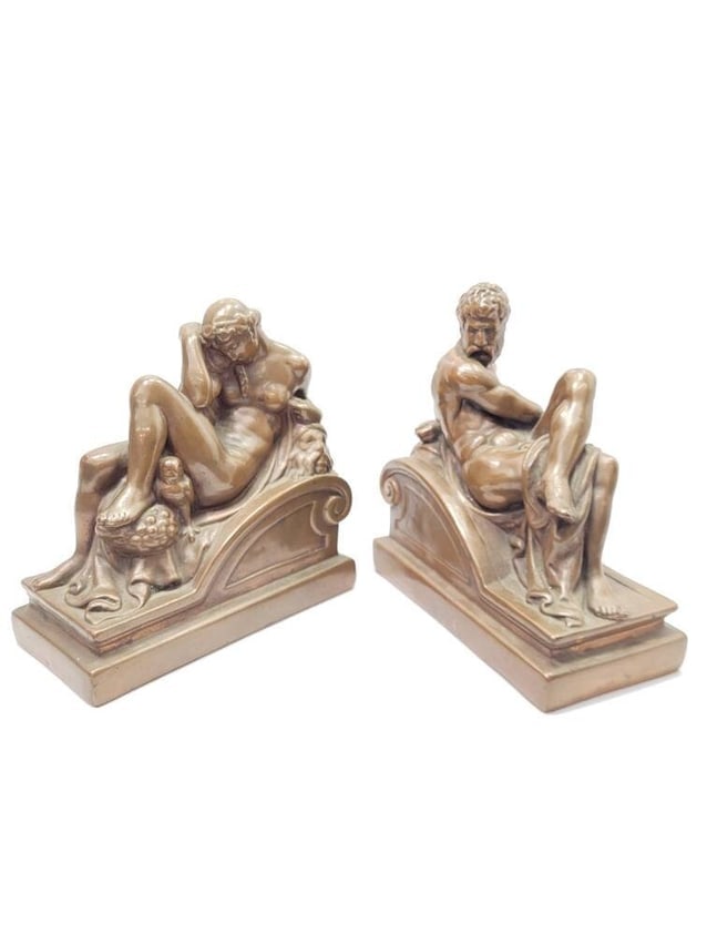 Vintage Copper Bookends Night and Day Michelangelo Sculpture Book Holders Renaissance Old World Art (1 of 1)