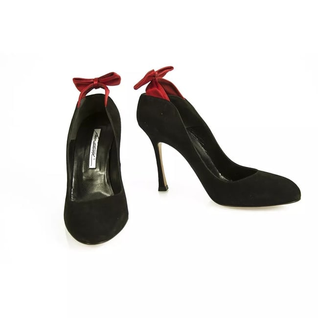 Brian Atwood Black Suede Red Satin Bow Classic Pumps Heels Shoes - Size 40 (1 of 1)