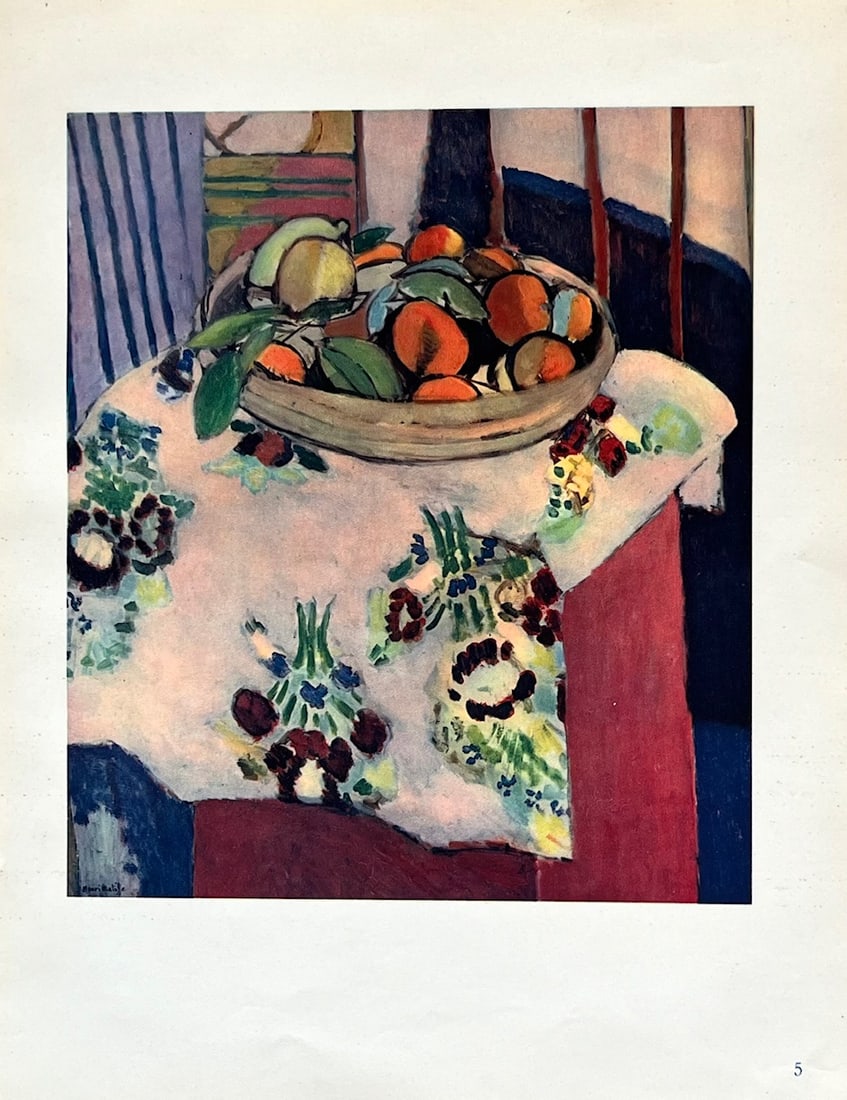 Henri Matisse Engraving 5 Still life with oranges 1948: Title: Still life with oranges Artist: Henri Matisse (After) Country: France Medium: Engraving 5 Marks: Not signed, not numbered Paper Size: 8.25 x 10.75 inches Printed: by Braun & Cie, France 1948