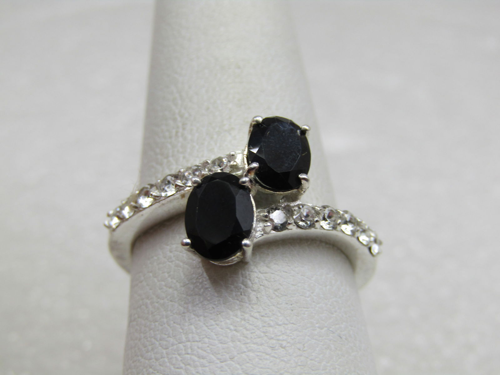 Sterling Bypass CZ & Black Stone Ring, Sz. 9.5, Signed STS (1 of 8)