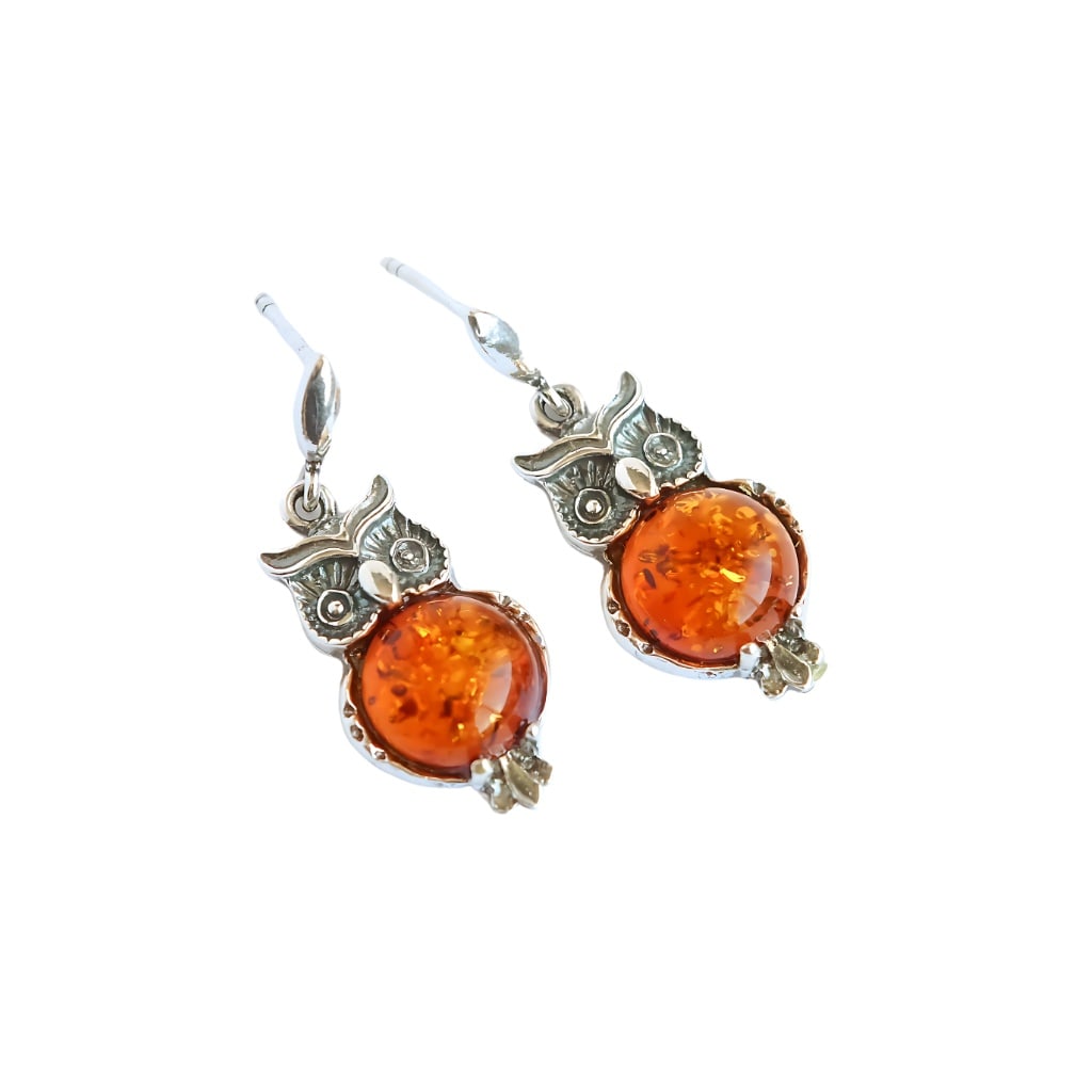 STERLING SILVER OWL EARRINGS -GENUINE BALTIC COGNAC AMBER (1 of 6)