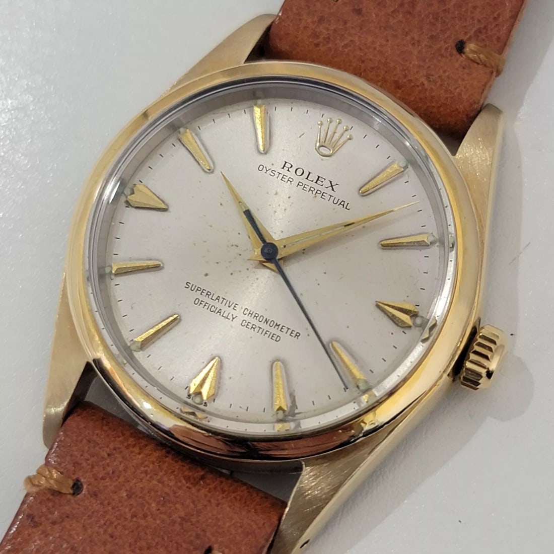 Mens Rolex Oyster Perpetual 1014 w Paper 34mm Automatic 1960s Gold Capped RA236T: Iconic classic, Men's Rolex Oyster Perpetual Ref.1014 gold-capped automatic, Rolex's "Golden Egg", c.1961, with original Rolex paper. Verified authentic by a master watchmaker. Gorgeous, original Role