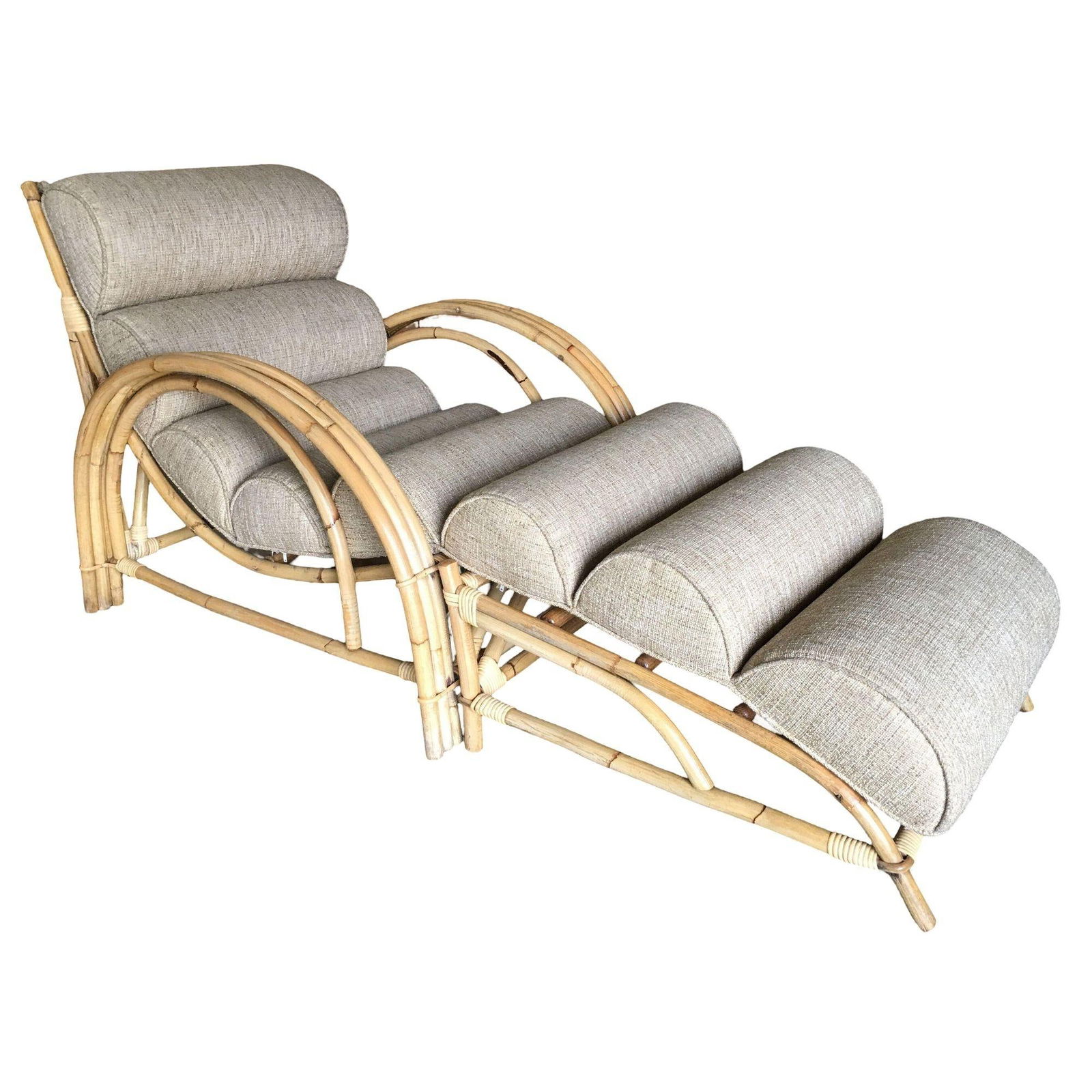 Restored 1938 Three-Strand "Double-Loop" Rattan Chaise Lounge w/ Ottoman: Three-strand "double-loop" rattan lounge chair with matching slop Ottoman. This chair features a 3 strand loop arm with an additional decorative accent loop underneath. The seat is made up of smaller