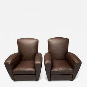 Jacques Adnet Style, French Art Deco Club Chairs, Distressed Leather, Oak, 1930s (1 of 12)