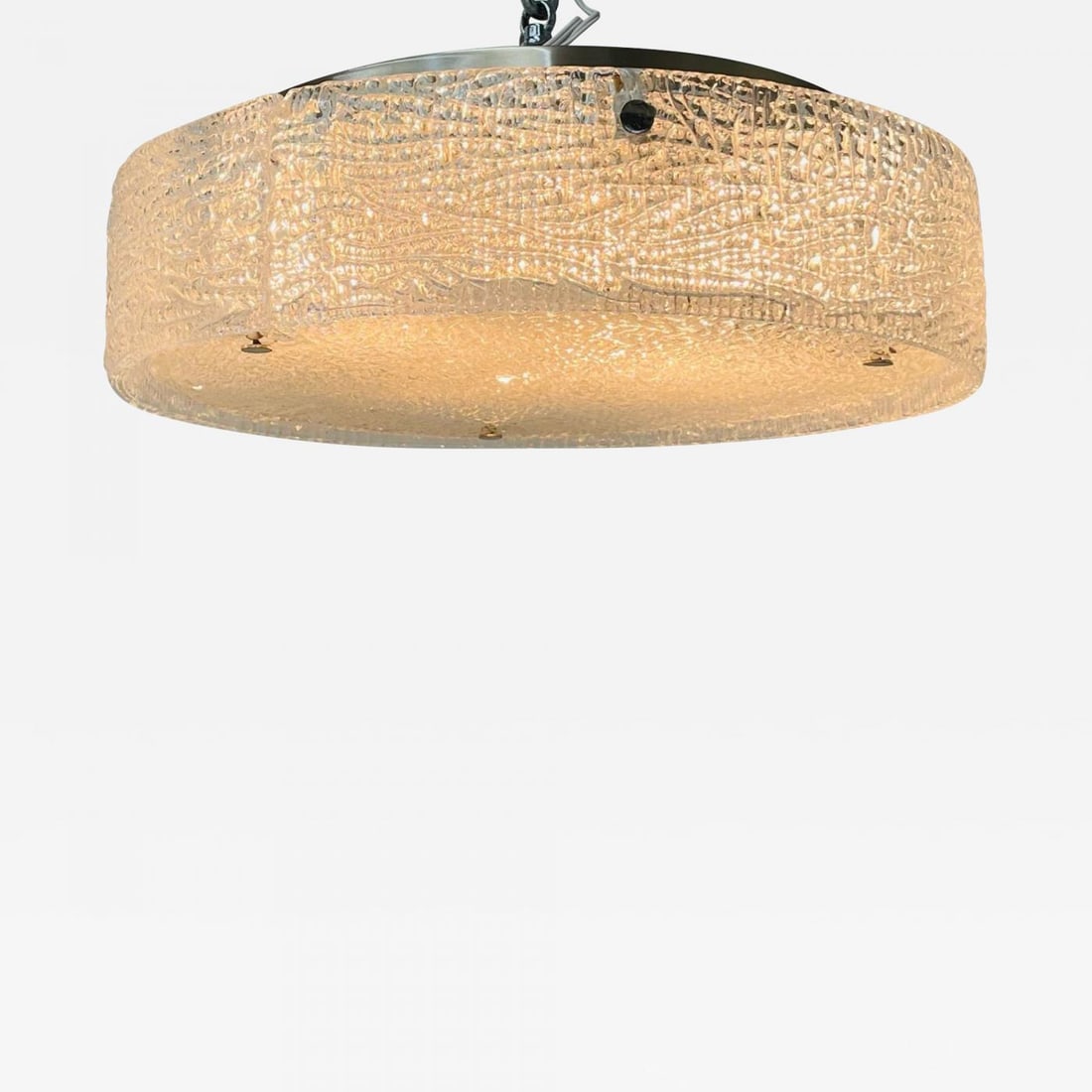 Circular Mid-Century Modern Flushmount Chandelier / Pendant, Glass and Bronze: Circular Mid-Century Modern Flushmount Chandelier / Pendant, Glass and Bronze In the style of J.T. Kalmar. Manufactured in Germany by Kaiser Leuchten Slumped Glass & Chromed Steel Germany, 1960s Semi-