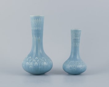Upsala-Ekeby/Gefle, Sweden. Two "Kairo" (Cairo) ceramic vases in light blue glaze.