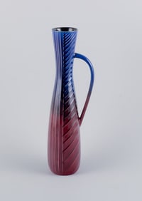 Carl Harry Stålhane for Rörstrand. Tall and slim ceramic pitcher in blue and burgundy