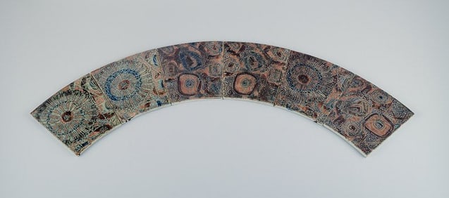 Royal Copenhagen, six Baca faience tiles with patterned glaze in brown, blue and green.