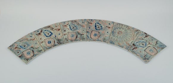 Royal Copenhagen, six Baca faience tiles with patterned glaze in brown, blue, green and sand