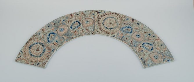 Royal Copenhagen, six Baca faience tiles with patterned glaze in brown, blue, green and sand