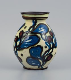 Kähler, HAK, ceramic vase with flower decoration in cow horn technique. Blue and black flowers