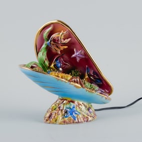 French lamp in the shape of a seashell with fish and aquatic plants. Hand painted ceramics.