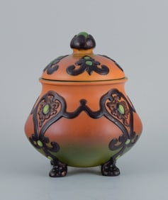 Ipsens, Denmark, beautiful Art Nouveau jar with glaze in orange and green tones.
